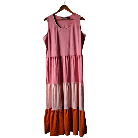 Lands' End Colorblock Tank Dress Sleeveless Tiered Maxi Pink Orange Women Size L - Picture 2 of 13